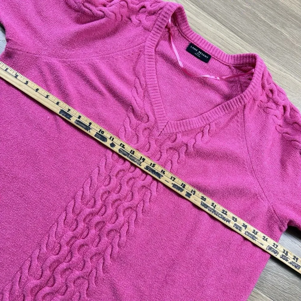 Lane Bryant Sweater Women 26/28 Hot Pink Cable Knit Ribbed Hems Tunic Vneck
